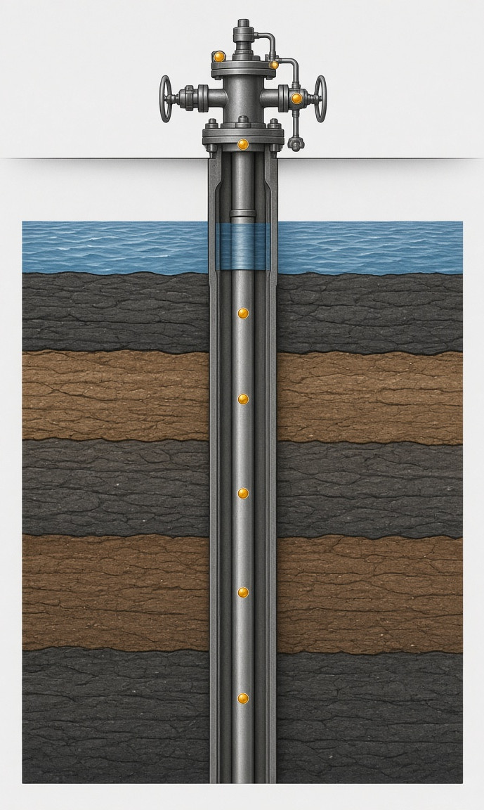 Well cross-section showing leak points from the wellhead down through casing, cement and the packer